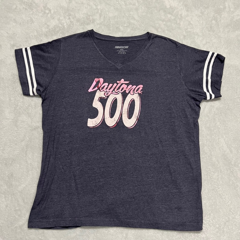 NASCAR Daytona 500 Shirt Women 2XL Gray V-Neck Graphic Racing Tee XXL